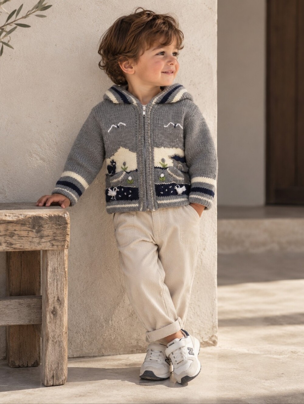 Vintage Peruvian Hand Knit Kids Farm Animal Hooded Cardigan Sweater 2T 3T